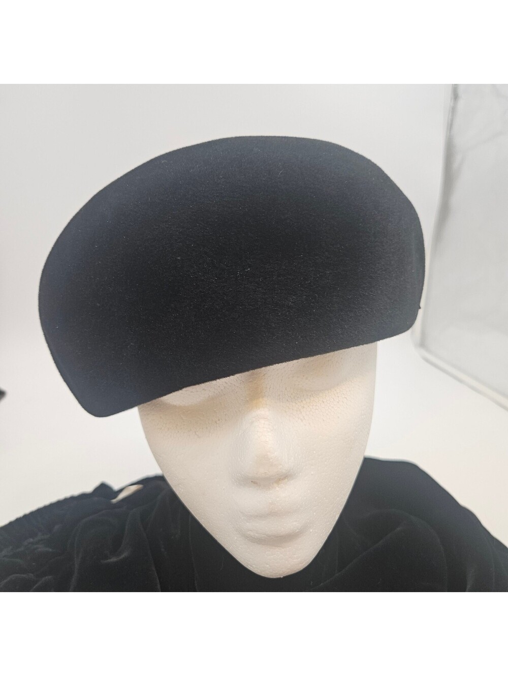 Caroline Model Vintage Black Felt Brimless Dress Hat Velvet Bow 21"